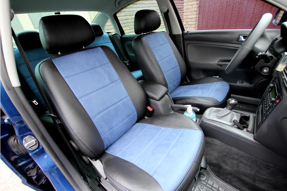 Volkswagen Passat B5 1997–2005 Autopoťahy z eko kože + látky + alcantary Antara A006 (kompletná sada do celého interiéru) Fotografia 1