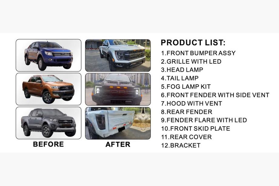 Ford Ranger 2011–2022 Kompletný bodykit (dizajn F150 Raptor 2023) Fotografia 3
