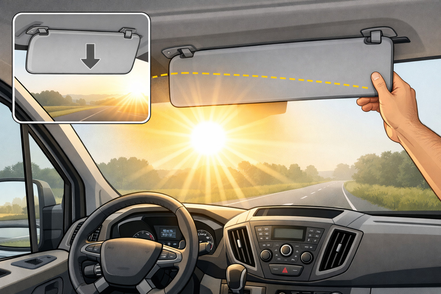 Ako odstrániť oslňujúce slnko z čelného skla Ford Transit pri ranných jazdách