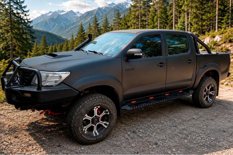 Toyota Hilux 2006–2015 Dakar čierne bočné nášľapy V1 s osvetlením (2 ks, kov) Fotografia 1