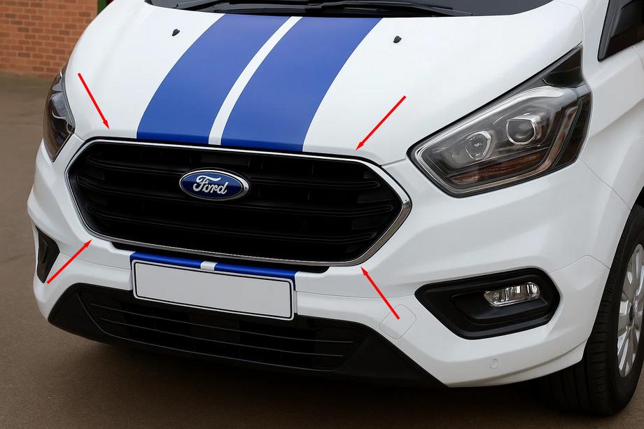 Ford Custom 2013–2022 Chrómové lišty na mriežku nárazníka 2018+ (4 ks, nerez) Carmos - turecká oceľ Image